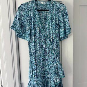 Poupette St Barth Floral Wrap Mini Dress Blue Green Ruffle Hem SZ S